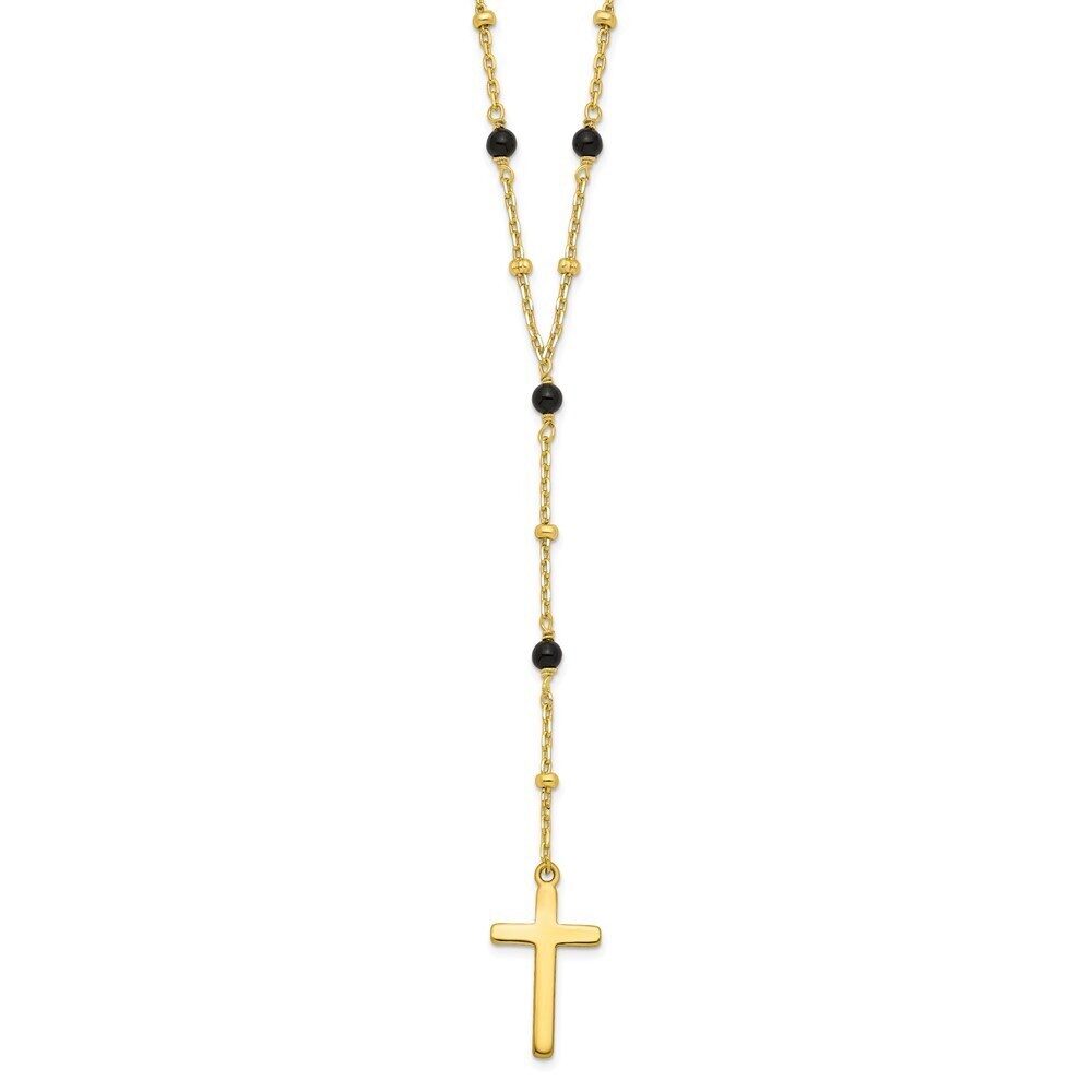 925 Sterling Silver Gold-tone Beaded Onyx Cross w/2 in ext. Necklace Rosary Mom